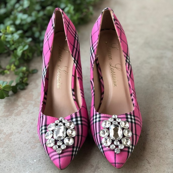 Lauren Lorraine Pink Plaid Jewel Heels Pumps - Picture 2 of 6
